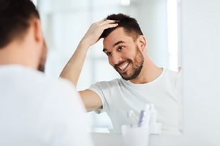 Patient in Deer Park looking in a mirror after getting dental implants